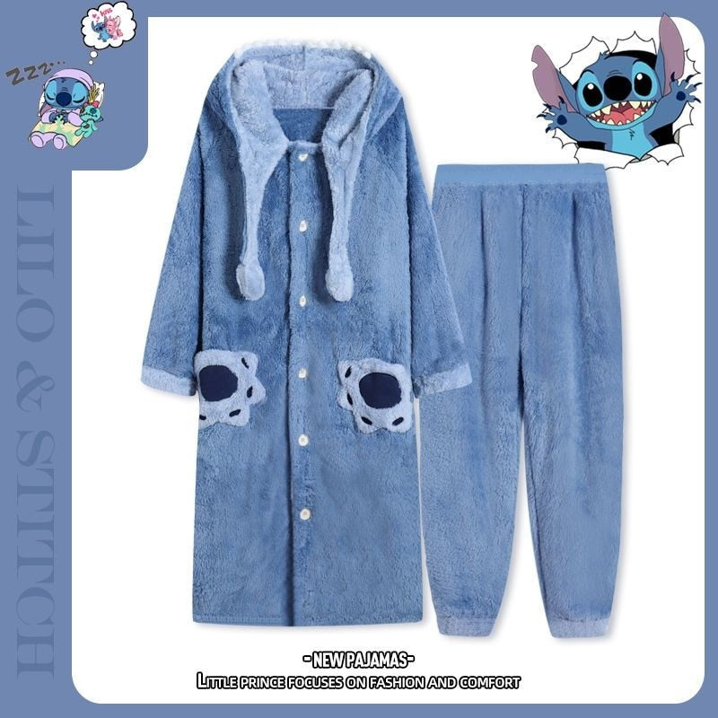 Lilo and Stitch Pajamas for Adults Disney Angel Blue Pink Hooded Couples PJs Cute Kawaii Fleece Robe Pants Set Womens Winter Warm Plush Sleepwear Female