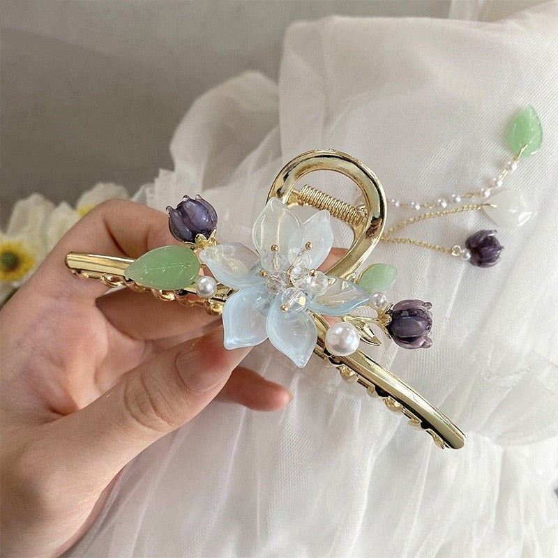 New Classical Orchid Pearl Tassel Grab Clip Ladies Ponytail Clip Flower Shark Clip Girl Elegant Headwear Accessories