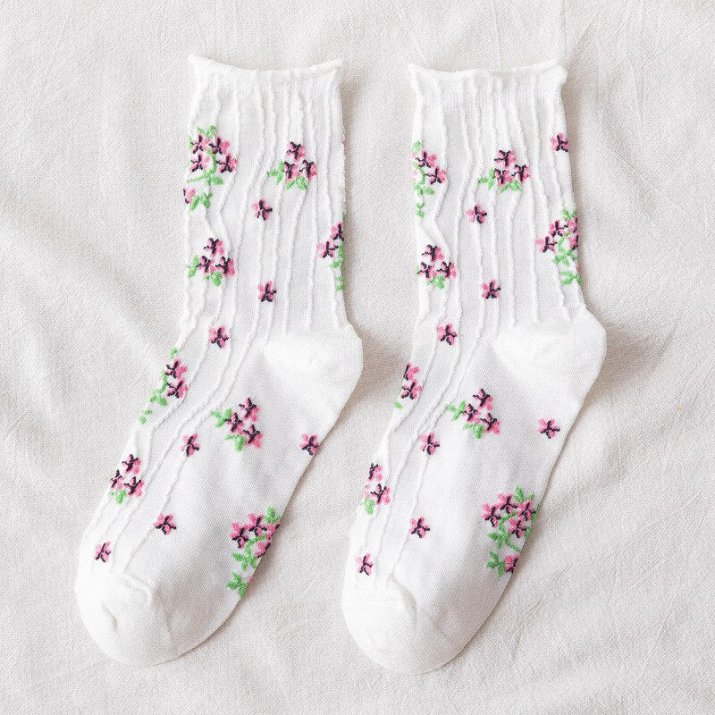 Korean Fashion News Floral Print Women's Socks Harajuku Vintage Streetwear Crew Socks Japanese Kawaii Cute Cotton Long Sock