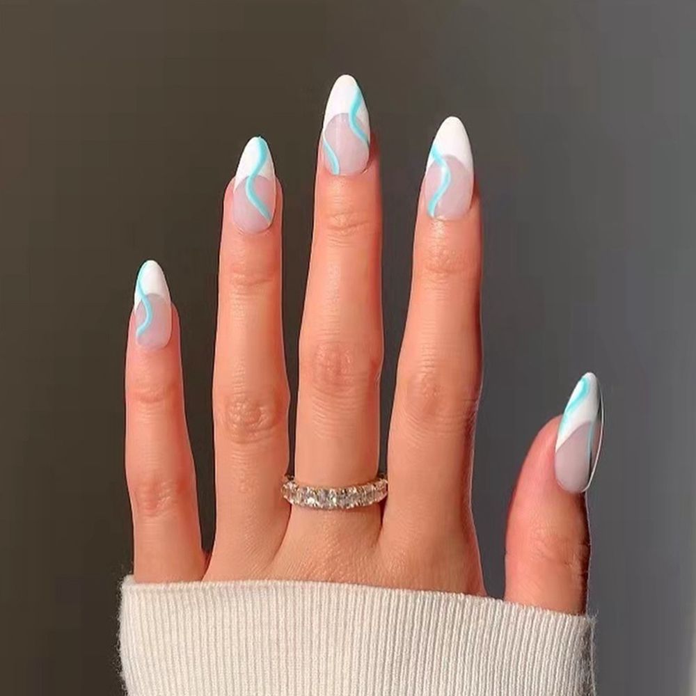 24Pcs Almond Fake Nail Gradient Simple French False Nails Daisy Flower Design Manicure Nails Detachable Full Cover Press On Nail