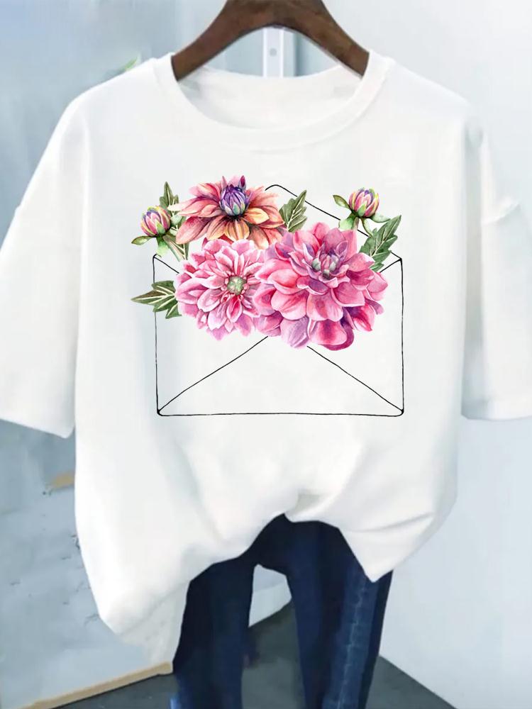 Flower Print Fashion Plant Trend Lovely Style Short Sleeve Women Graphic Tee Summer T Clothing Female Clothes Casual T-shirts