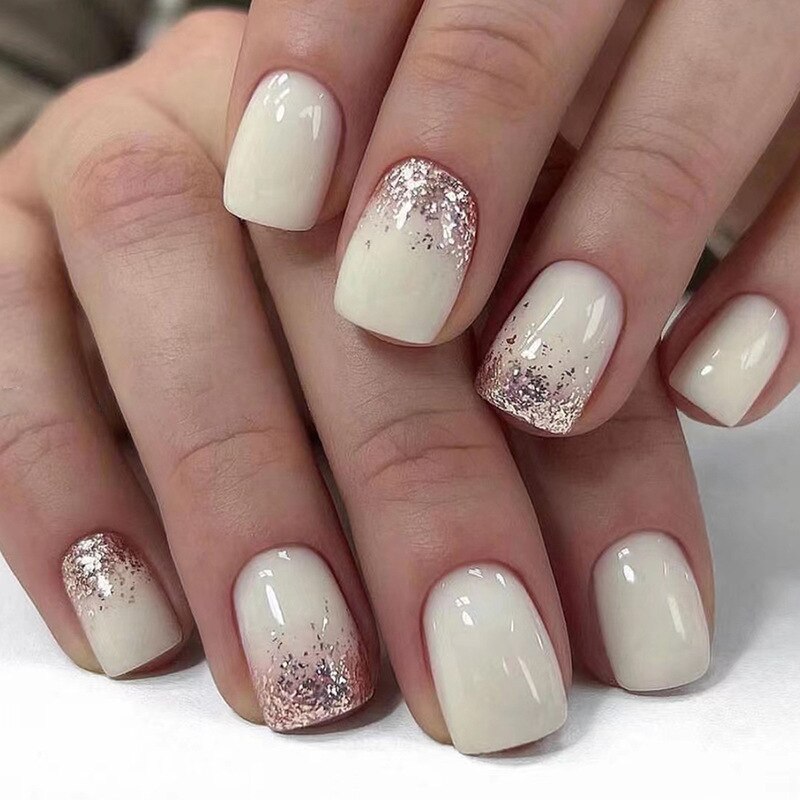 24pcs French White Side False Nails Wearable Rhinestone Desgin Fake Nails Short Simple Nail Full Cover Nail Tips Press On Nails