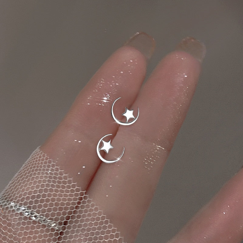 Simple Piercing Stud Earrings for Women Star Moon Zircon 925 Silver Needles Tragus Cartilage Asymmetry Pendiente Plata Jewelry