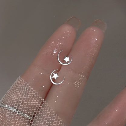 Simple Piercing Stud Earrings for Women Star Moon Zircon 925 Silver Needles Tragus Cartilage Asymmetry Pendiente Plata Jewelry