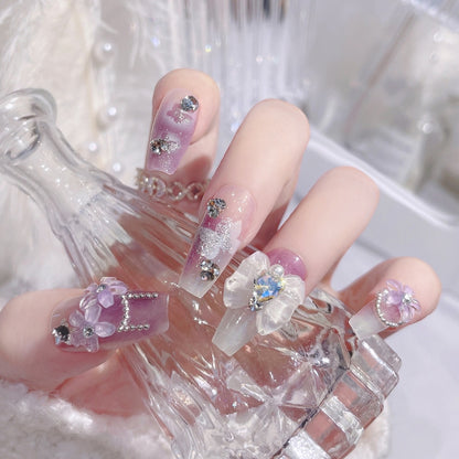 24Pcs Pink Ballet False Nails Long Coffin with Rhinestone Love Heart Wearable Fake Nails Full Cover Press on Nails Tips Glitter