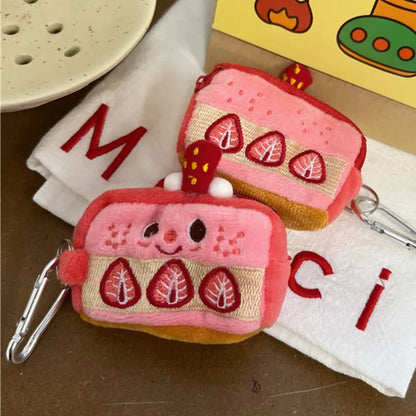 Strawberry Cake Lovely Earphone Case Pouch Plush Cartoon Cute Coin Purse Zipper Storage Bag Embroidery Pouch Keychain Pendant