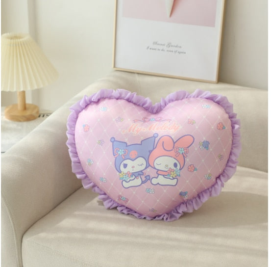 Cute Anime Sanrio Love Heart Shapes Plush Throw Pillow Cartoon My Melody Cinnamoroll Kuromi Kawaii Plushie Toys Back Cushion