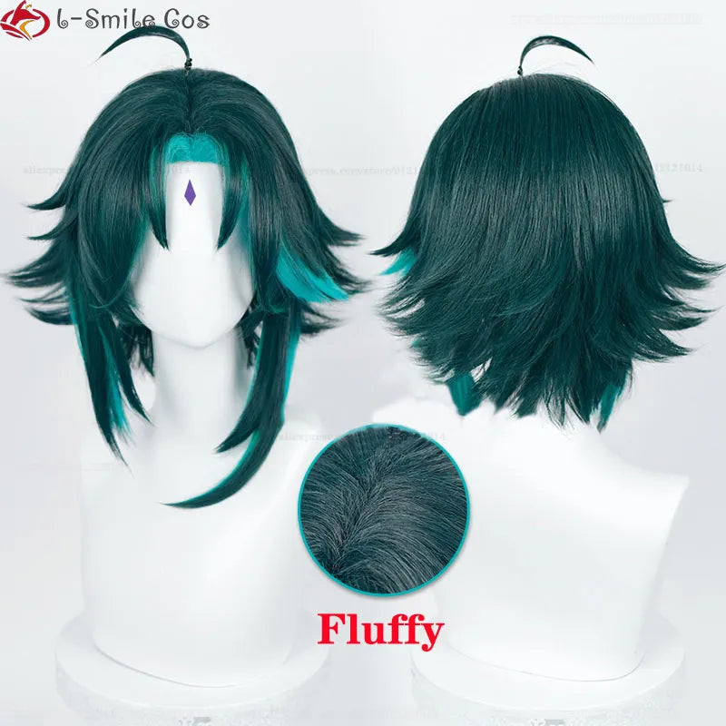 Game Genshin Impact Cosplay Xiao Wig 40cm Short Green Hair With Stickers Ring Heat Resistant Synthetic Party Wigs + Wig Cap