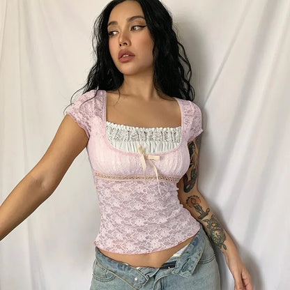 Women Sweet Lace Floral Ruched T-shirt Square Collar Short Sleeve Slim-fit Crop Top Y2K Aesthetic Fairy Grunge Tees Streetwear