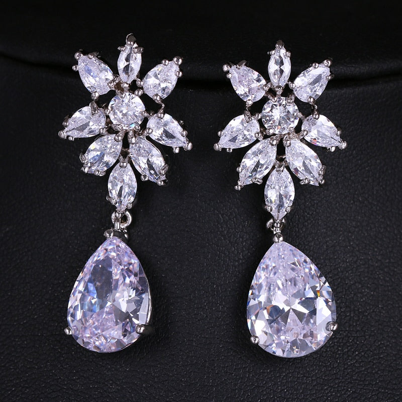 Luxury Zircon Wedding Long Dangle Earrings with Round Water Drop Elegant CZ Earrings for Women Bridal Wedding Jewelry Dress