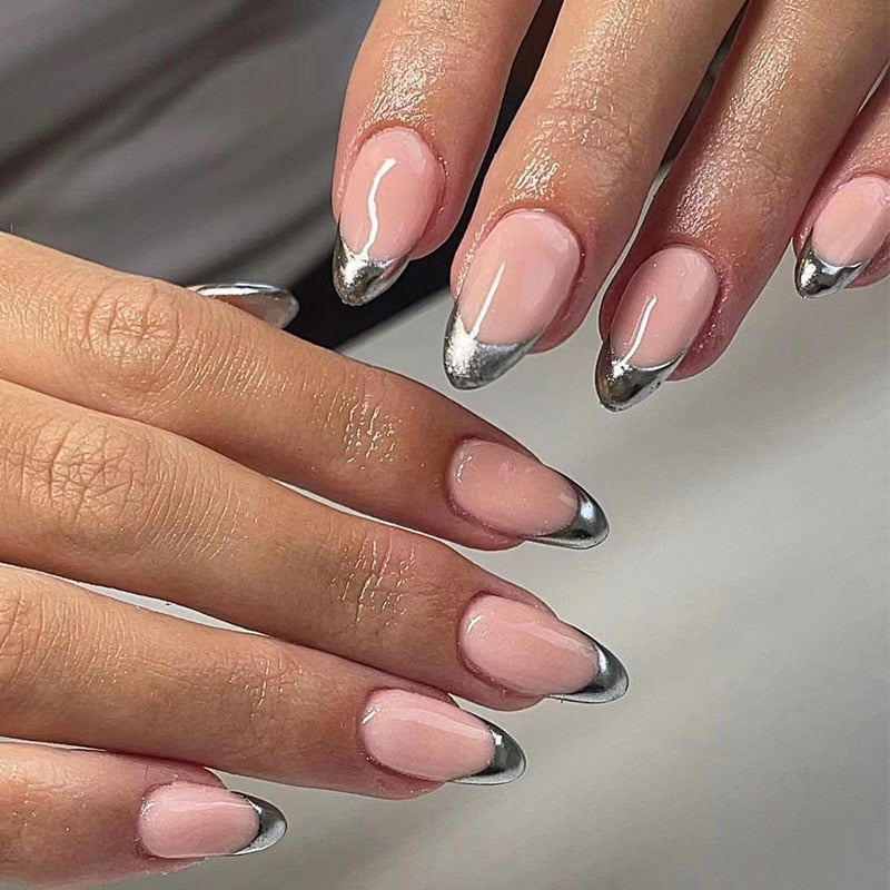 24Pcs Almond Fake Nail Gradient Simple French False Nails Daisy Flower Design Manicure Nails Detachable Full Cover Press On Nail