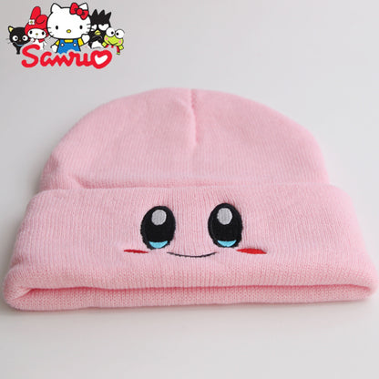 Kirby Winter Cute Smiley Eye Embroidered Knit Cap Stretch Cartoon Beanie Women's Preppy Hood Hipster  Student Warm Headwear