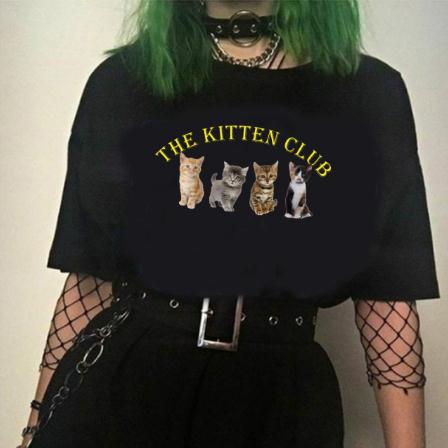sunfiz Kawaii The Kitten Club Women T Shirt Streetwear White Cotton Short Sleeve Femme Oversized Graphic Tee Cute Grunge Tops