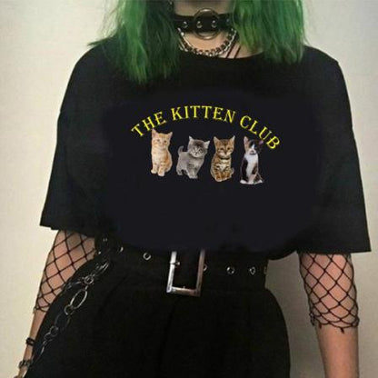 sunfiz Kawaii The Kitten Club Women T Shirt Streetwear White Cotton Short Sleeve Femme Oversized Graphic Tee Cute Grunge Tops