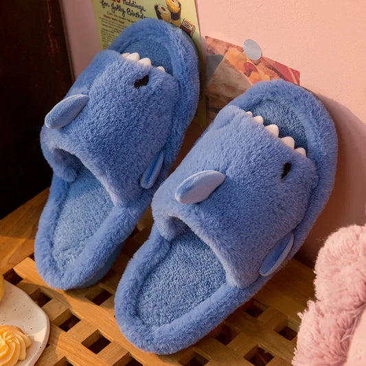 Comwarm Autumn And Winter Cartoon Shark Wool Slippers For Women Soft Home Men's Indoor Household Open Toe Plush Cotton Slippers