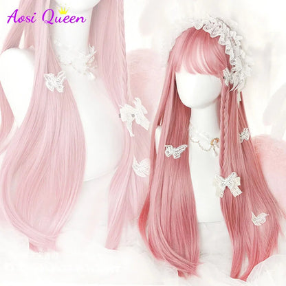 AS  Cosplay Wig With Bangs Synthetic Straight Hair 24 Inch Long Heat-Resistant Pink Wig For Women