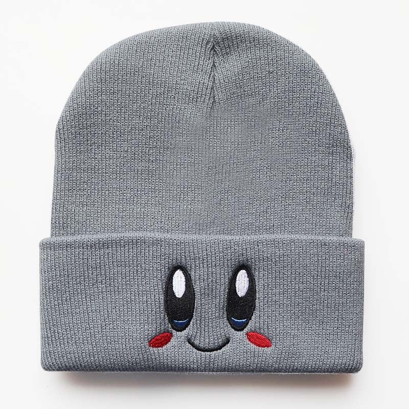 Kirby Winter Cute Smiley Eye Embroidered Knit Cap Stretch Cartoon Beanie Women's Preppy Hood Hipster  Student Warm Headwear