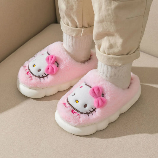 Kawaii Sanrio Hello Kitty Slippers Non-Slip Warm Cute Cartoon Anime Home Autumn and Winter Girls Plush Slipper Plush Gifts
