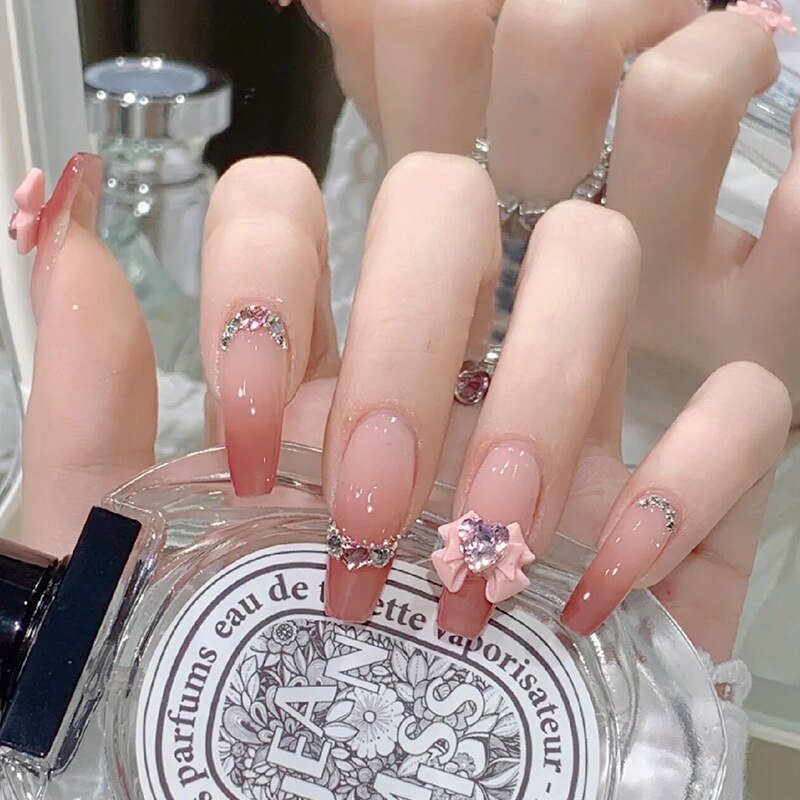 24Pcs Pink Ballet False Nails Long Coffin with Rhinestone Love Heart Wearable Fake Nails Full Cover Press on Nails Tips Glitter
