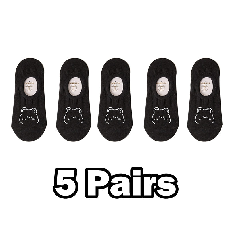 5 Pairs New Kawai Women Socks Summer Cute Japanese Fashion Cartoon Bear Funny Socks Soft Cotton Short Non-slip Invisible Socks