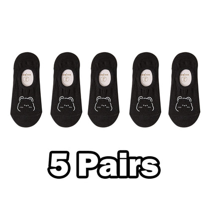 5 Pairs New Kawai Women Socks Summer Cute Japanese Fashion Cartoon Bear Funny Socks Soft Cotton Short Non-slip Invisible Socks