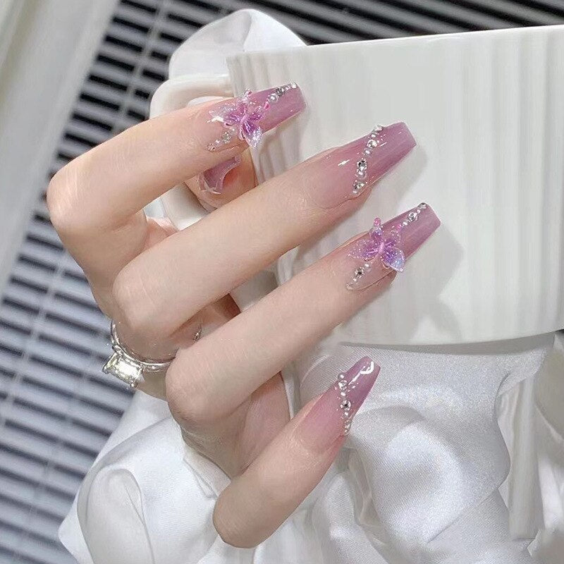 24Pcs Pink Ballet False Nails Long Coffin with Rhinestone Love Heart Wearable Fake Nails Full Cover Press on Nails Tips Glitter