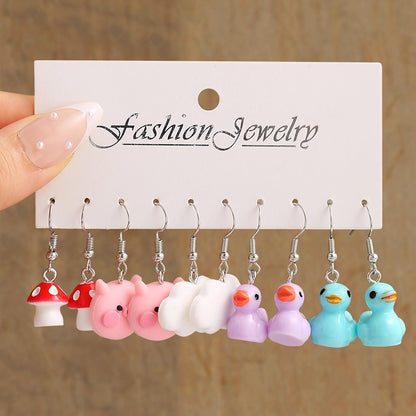 Pink Cartoon Duck Earrings Set Cute Animal Butterfly Heart Dangle Earrings For Women Girls Geometric Earring Trendy Jewelry Gift