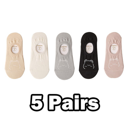 5 Pairs New Kawai Women Socks Summer Cute Japanese Fashion Cartoon Bear Funny Socks Soft Cotton Short Non-slip Invisible Socks