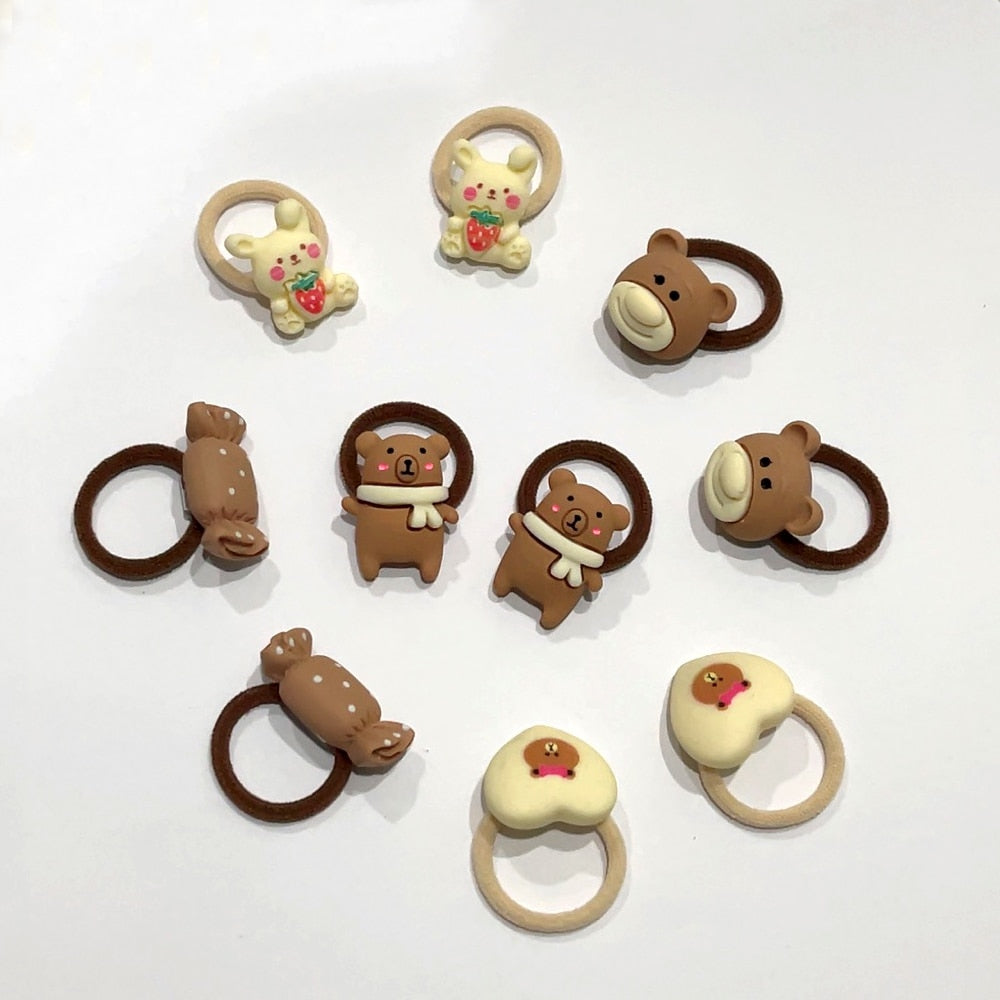 10pcs/Set Cute Bear Rabbit Finger Hair Ties Baby Toddler Elastic Mini Cartoon Animal Flower Ponytail Holder Hair Ropes For Girls
