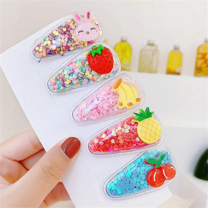 5pcs/Set Cute Fruit Quicksand Sequins Snap BB Clips Children Cartoon Rainbow Animal Bangs Hairpin Side Barrettes