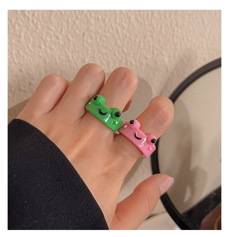 2Pc Cute Frog Rings Lover Polymer Clay Resin Acrylic Rings for Women Girls Couple Travel Ring Summer Fashion Animal Jewelry Gift