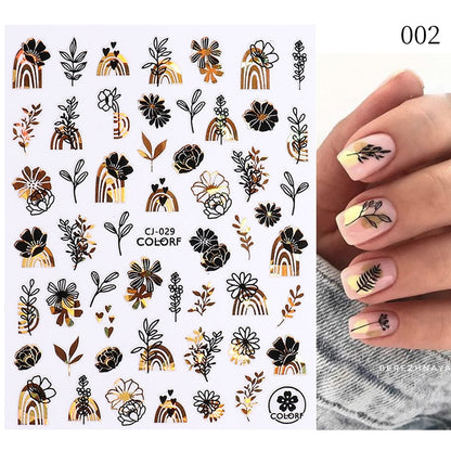 Harunouta Simple Flowers 3D Nail Stickers Gold Heart French Tip Lines Leopard Print Design Adhesive Sliders Manicure Nail Decals