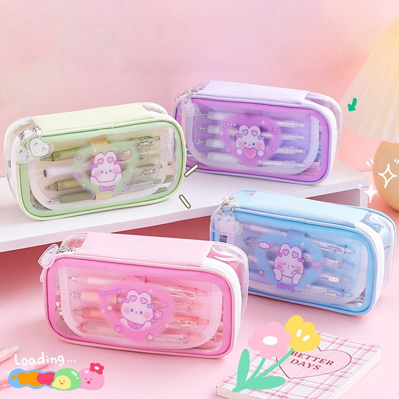 Cute Cartoon Bear Large Capacity Pencil Case Transparent Multi Layered Pencil Bag Stationery Storage Bag Box School Supplies