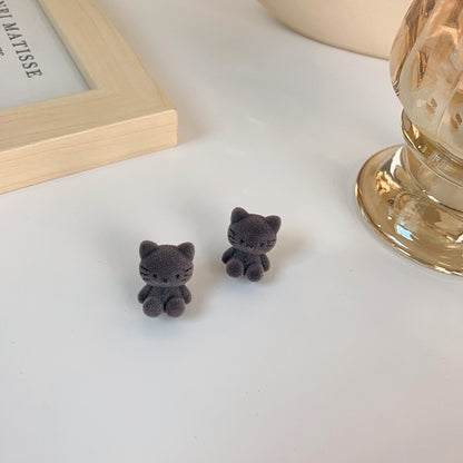 New Cute Flocking Plush Cat Earring Japan Korea for Women Girls Bear Cartoon with A Hundred Earrings Party Jewelry Gifts