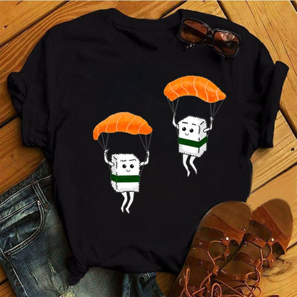 Women Black T-shirts Summer Cute Sushi hug Short Sleeve Tees shirt Femme Summer O-Nock Kawaii Clothing Tops Ladies T shirt
