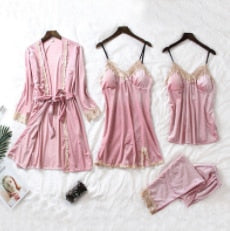 JULY'S SONG Pink 7 Pieces Women's Pajamas Sets Faux Silk Striped Pyjama Women's Pajamas Sleepwear Sets Spring Summer Homewear