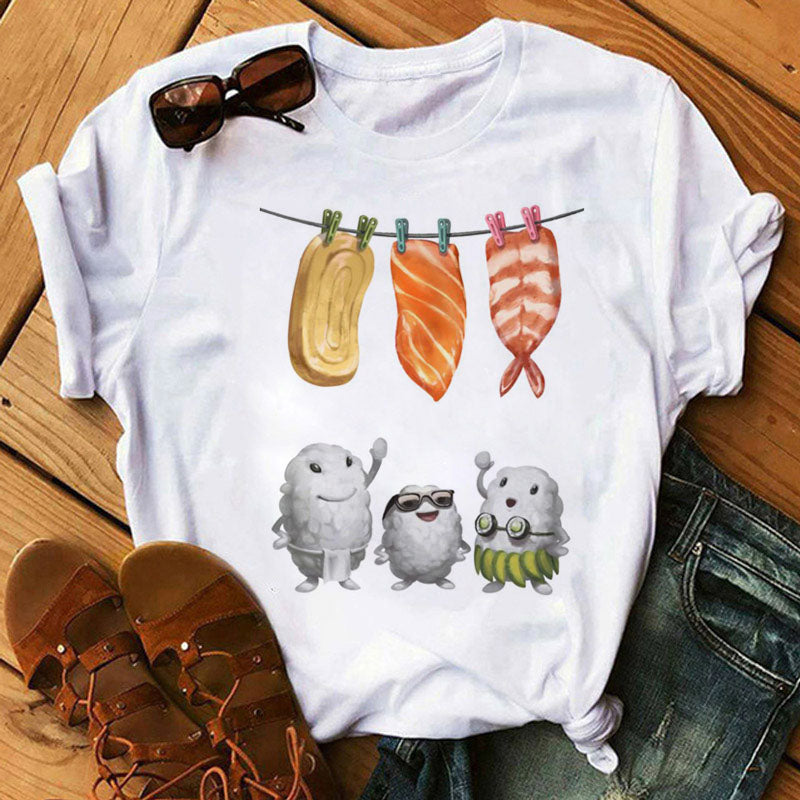Women Black T-shirts Summer Cute Sushi hug Short Sleeve Tees shirt Femme Summer O-Nock Kawaii Clothing Tops Ladies T shirt