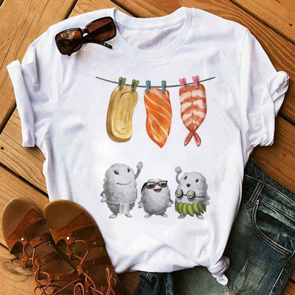 Women Black T-shirts Summer Cute Sushi hug Short Sleeve Tees shirt Femme Summer O-Nock Kawaii Clothing Tops Ladies T shirt