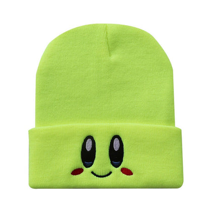 Kirby Winter Cute Smiley Eye Embroidered Knit Cap Stretch Cartoon Beanie Women's Preppy Hood Hipster  Student Warm Headwear