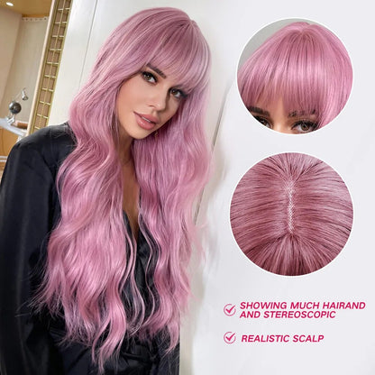 oneNonly Long Pink Wig with Bangs Natural Wave Heat Resistant Wavy Hair Synthetic Wigs for Women Lolita Cosplay