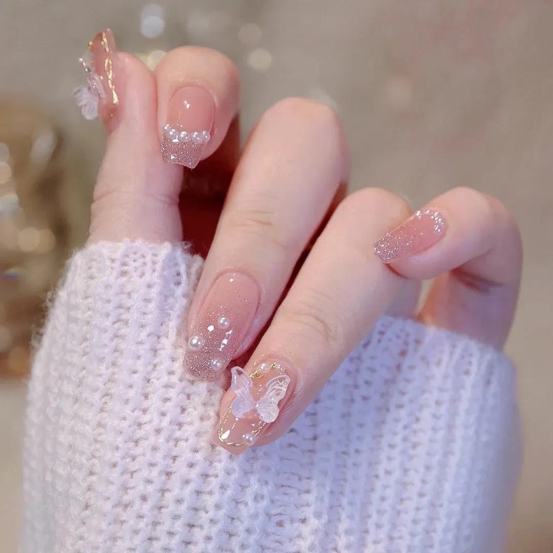 24pcs Wearable Pink Press On Fake Nails Tips With Glue false nails design Butterfly Lovely Girl false nails With Wearing Tools