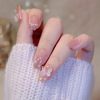 24pcs Wearable Pink Press On Fake Nails Tips With Glue false nails design Butterfly Lovely Girl false nails With Wearing Tools