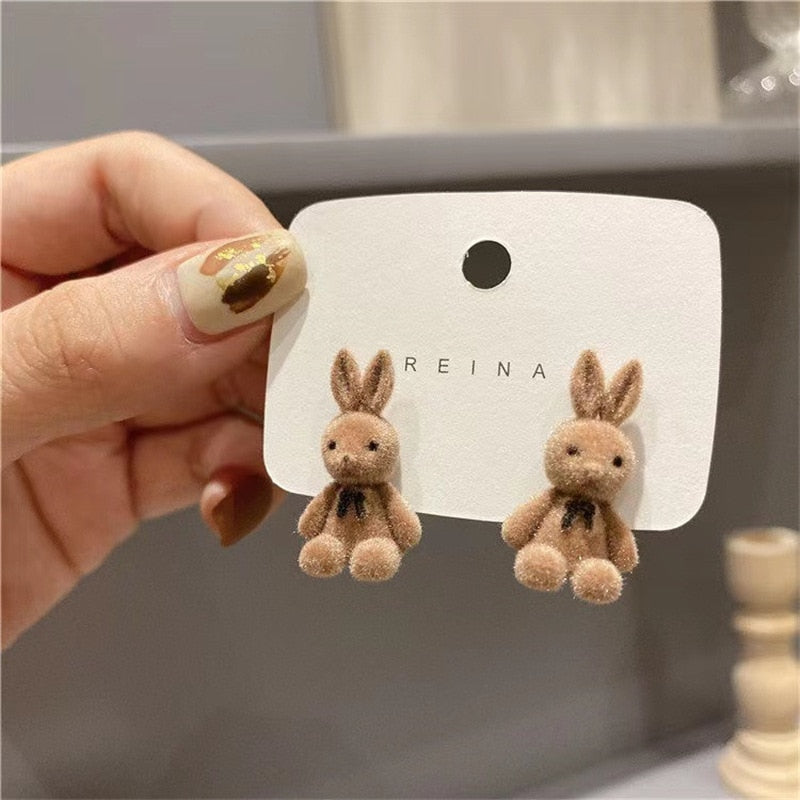 Bear Earrings for Women Girls Fashion Korea Silver Needle Autumn and Winter Earrings Cute Flocking Rabbit Ear Studs Jewelry