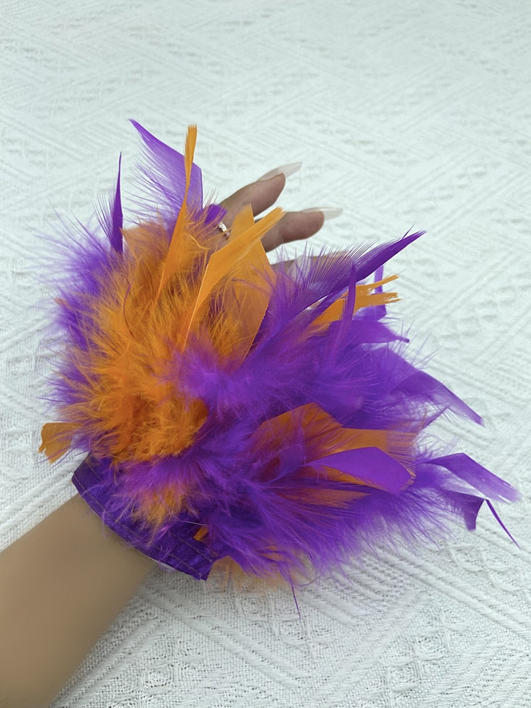 Women Natural Fur Feather Cuffs Snap On Bracelet Arm Cuff Shirts Sleeves For Women Real Ostrich Feather  Anklet Wrist Cuff