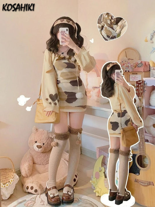 2 Pieces Set Women Crop Knit Cardigan + Sleeveless Print Bow Mini Dress Harajuku Robe Korean Fashion Y2k Outfits