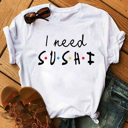Women Black T-shirts Summer Cute Sushi hug Short Sleeve Tees shirt Femme Summer O-Nock Kawaii Clothing Tops Ladies T shirt