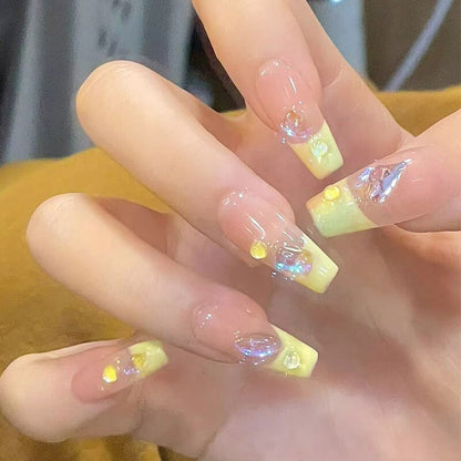 24Pcs Pink Ballet False Nails Long Coffin with Rhinestone Love Heart Wearable Fake Nails Full Cover Press on Nails Tips Glitter