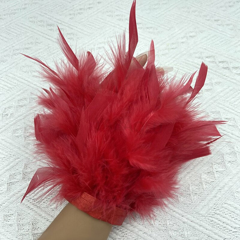 Women Natural Fur Feather Cuffs Snap On Bracelet Arm Cuff Shirts Sleeves For Women Real Ostrich Feather  Anklet Wrist Cuff