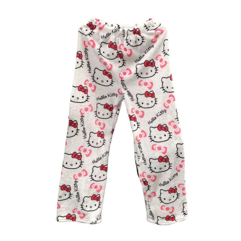 New Sanrio Anime Cartoon Hello Kitty Coral Fleece Pajama Pants Soft Trousers Women Casual Home Trousers Kawaii Birthday Gift