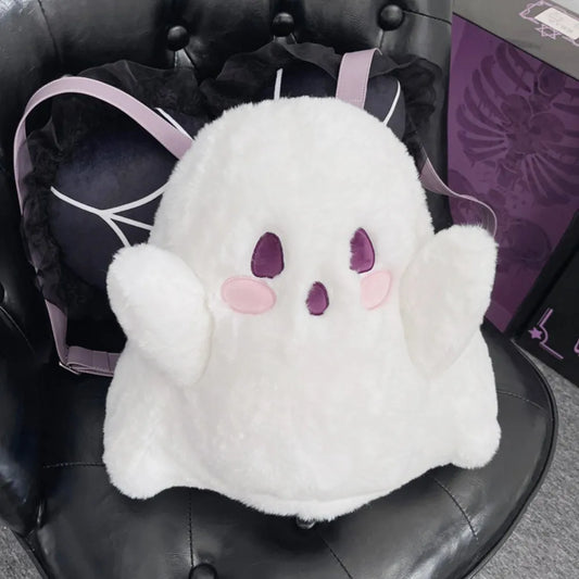 Kawaii White Little Ghost Backpacks Funny 3D Plush Doll Classic Backpacks Plush Doll Bag Shoulder Bags Halloween Decorations